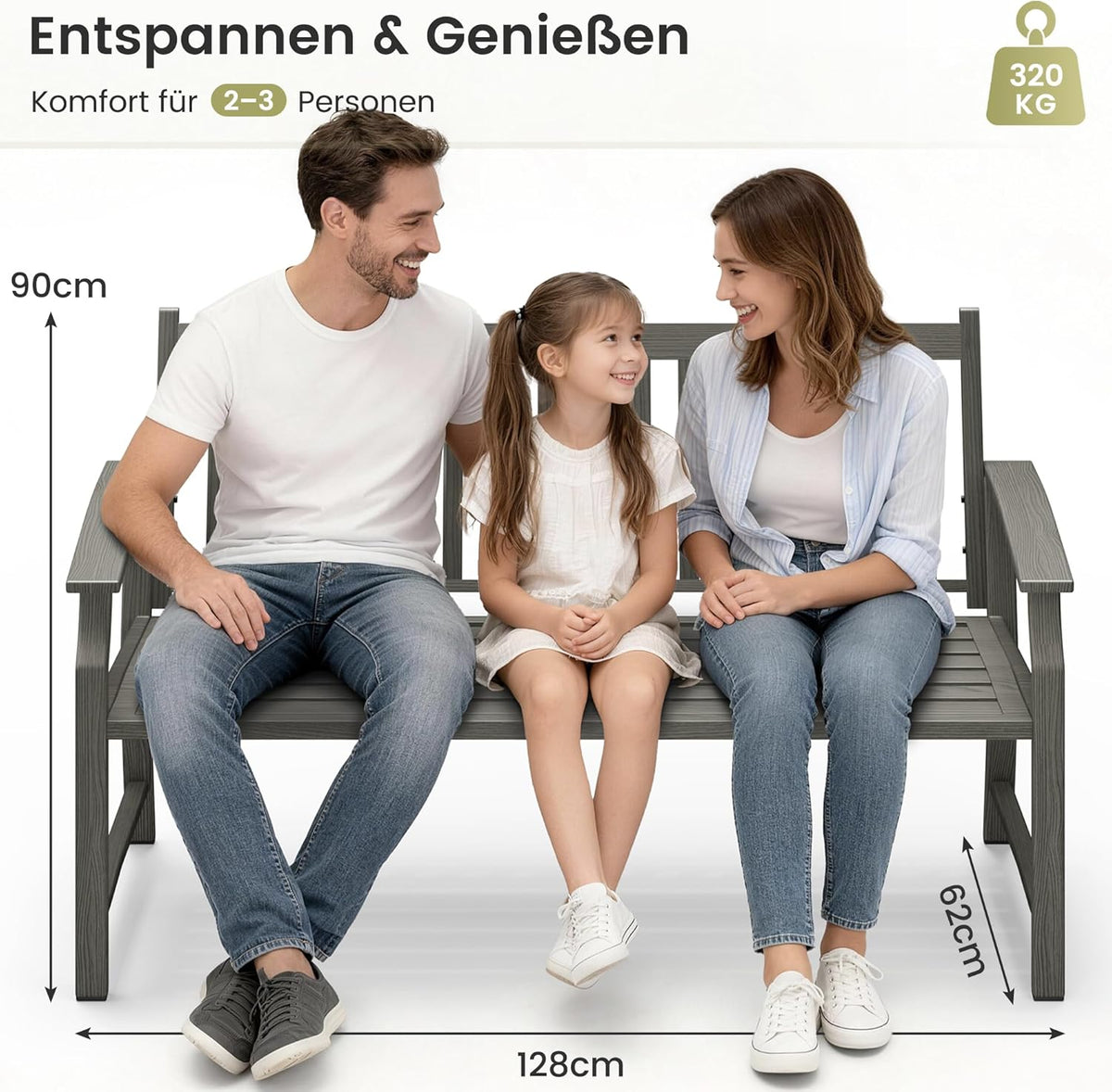 UDPATIO Banco de jardín de metal con aspecto de madera, banco resistente a la intemperie para exteriores, banco de 2-3 plazas para balcón y jardín, muebles de balcón con respaldo y reposabrazos, gris