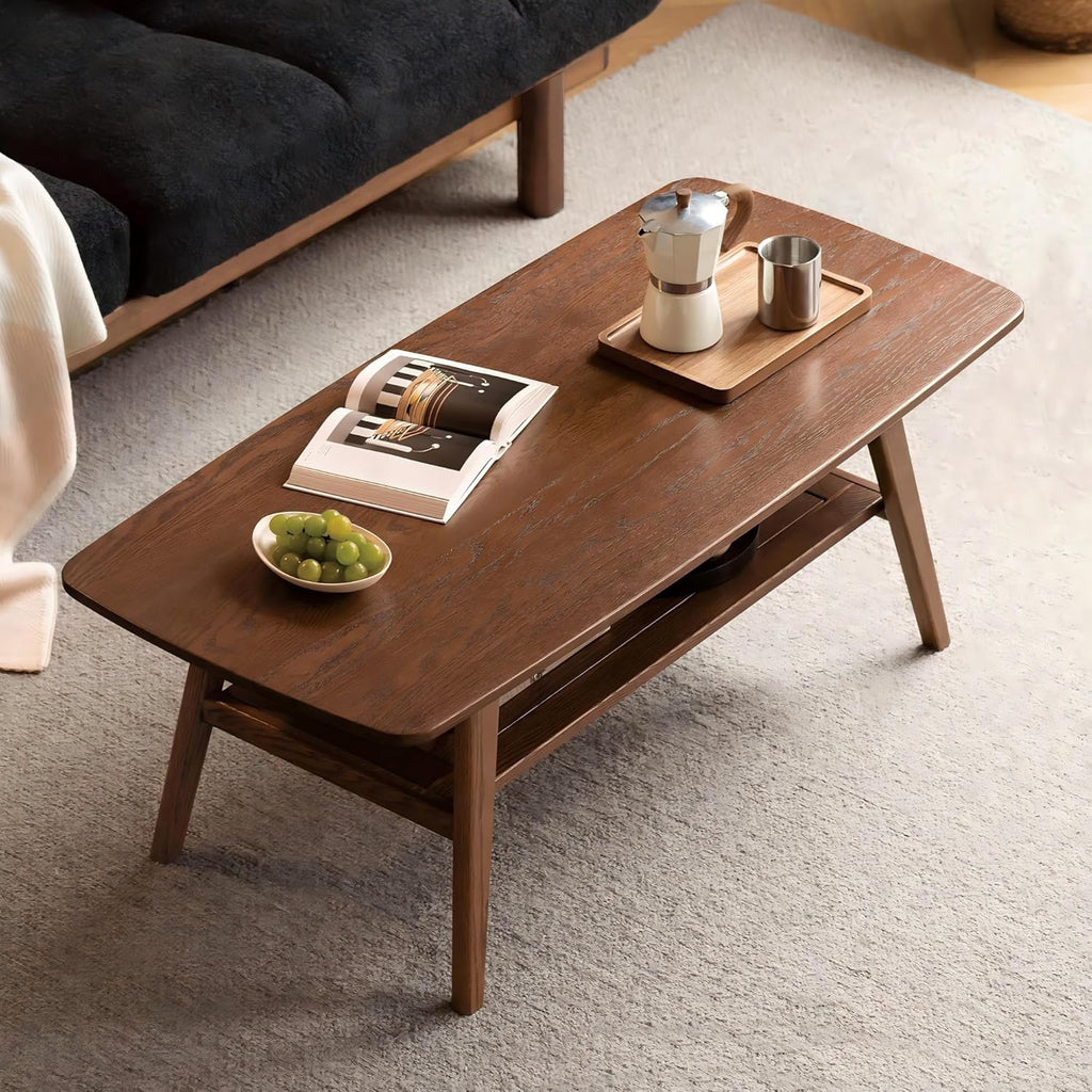 Mesa de centro YESWOOD de madera maciza de roble, mesa de salón con 2 niveles y espacio de almacenamiento, mesa de sofá para sala de estar, 80 x 50 x 44 cm, color nogal