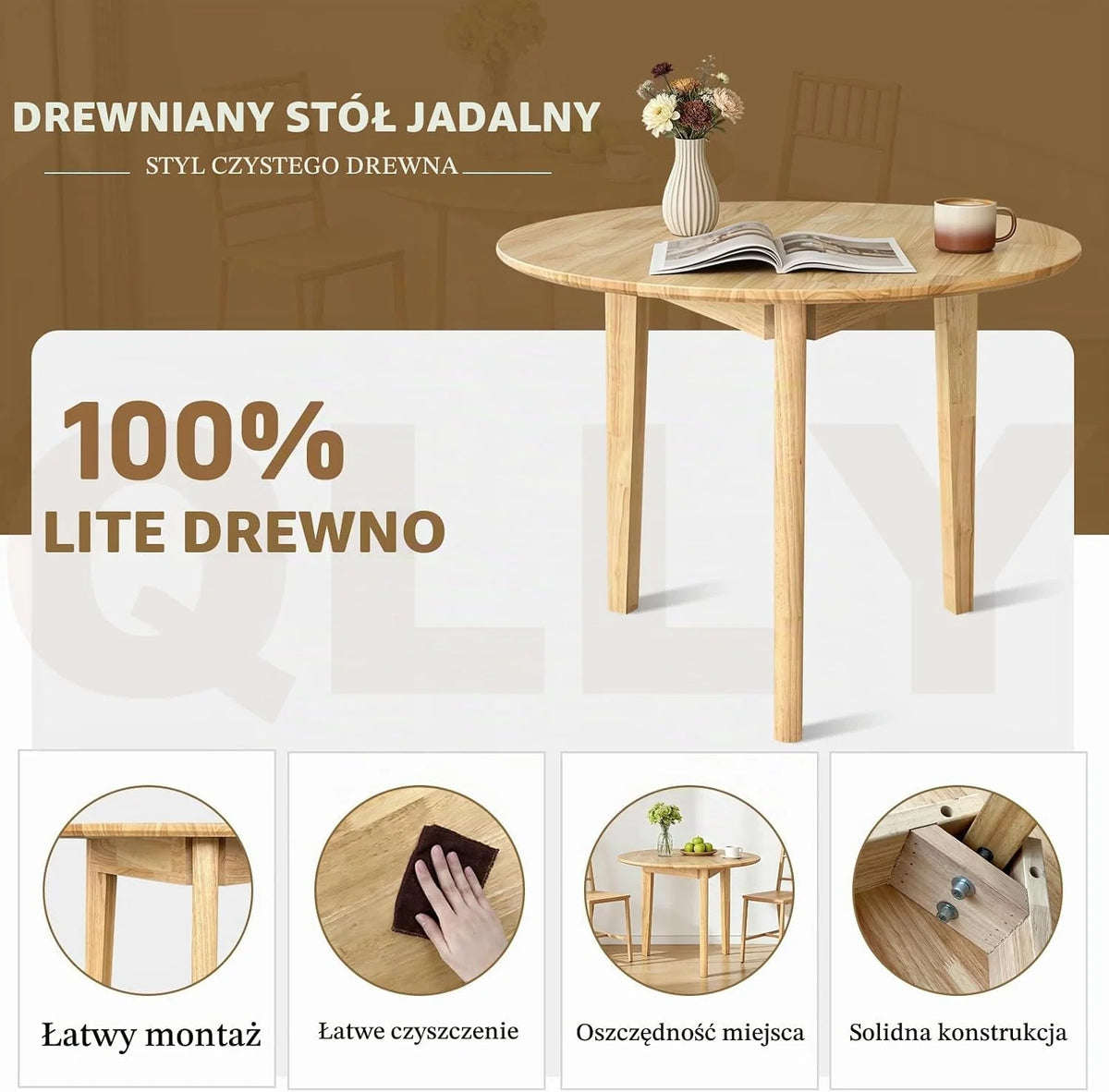 Okrągły Stół Jadalny QLLY z Litego Drewna, Stół Kuchniowy, 80 cm, Naturalny