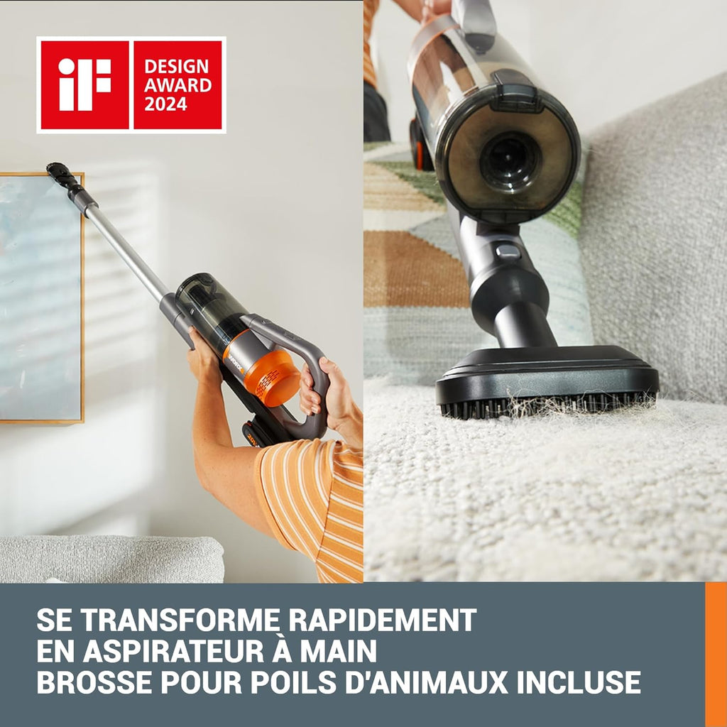 Aspiradora inalámbrica WORX 20V WX038, aspiradora de mano de 25Kpa, 45 min de autonomía, ligera para pelo de mascotas, alfombras y coche - incluye 2 baterías PowerShare, soporte de pared y cargador doble