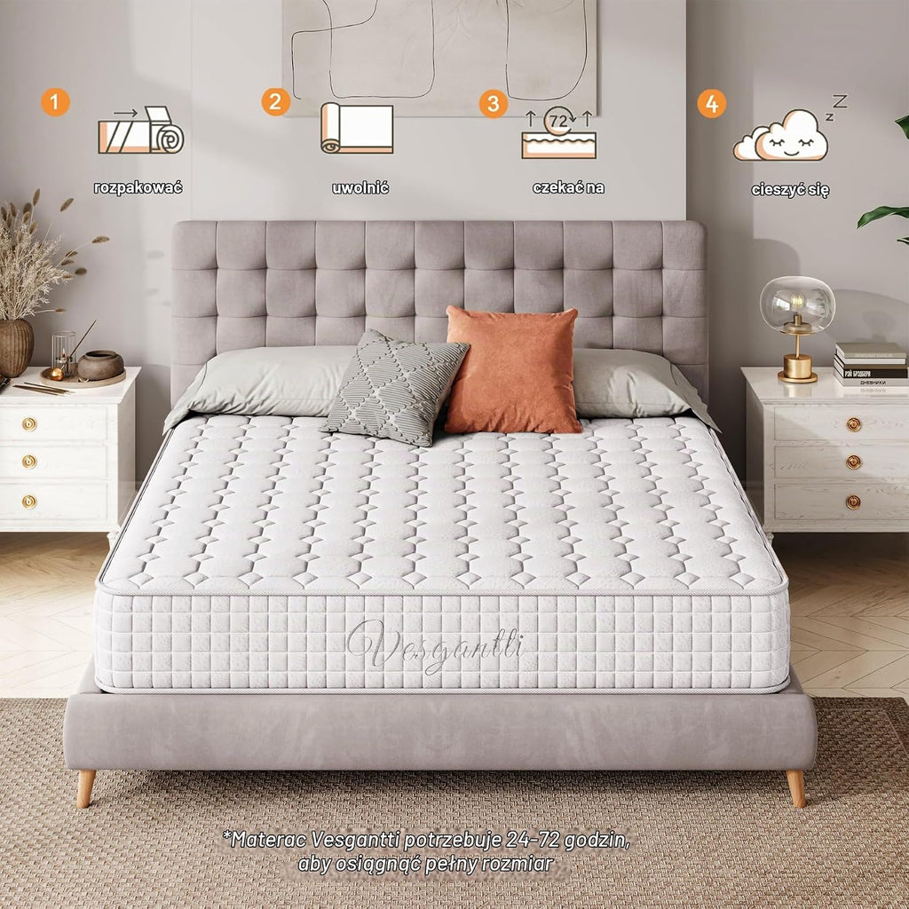 Vesgantti Materac 24 cm wysokości H3, 90 x 200 cm, średnio-twardy, 7-strefowy, materac kieszeniowy, ortopedyczny, materac kieszeniowy, materac z zimnej pianki Öko-Tex (biały, Tight Top)