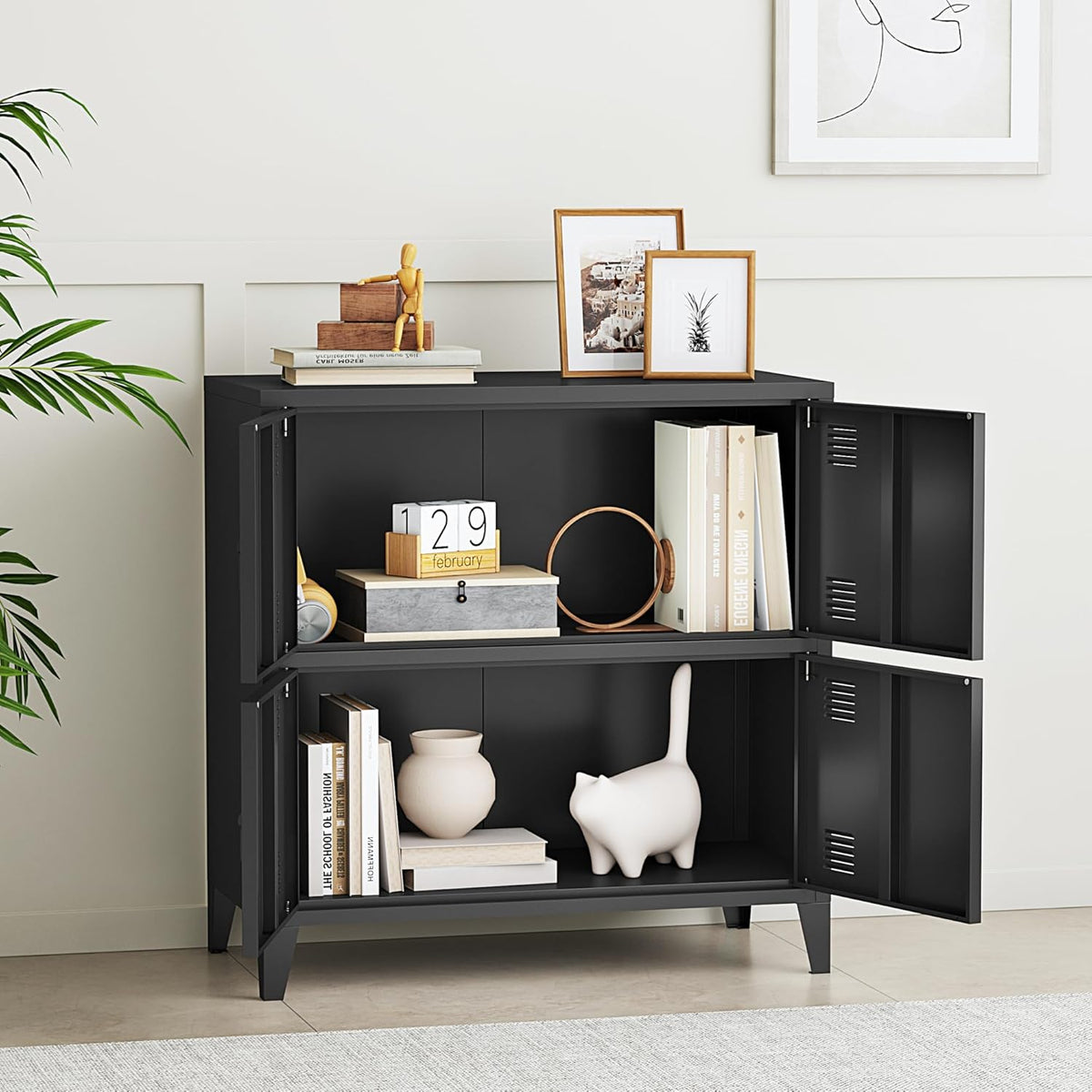 [en.casa] Armario de oficina Hamina archivador con 4 puertas armario multiusos con 2 estantes armario de almacenamiento industrial de acero armario auxiliar 80 x 40 x 82 cm negro