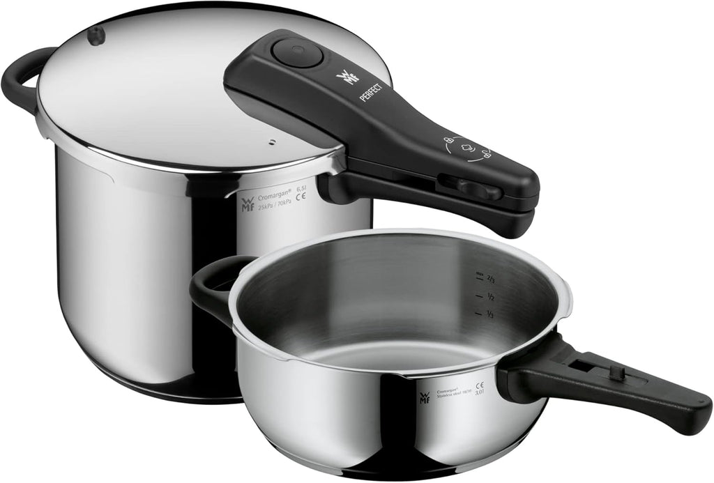 Juego de olla a presión WMF Perfect One Pot para inducción, 2 piezas, olla a presión de 6,5 l y 3 l, señal de cocción grande, 2 niveles de cocción, mango de tapa extraíble, acero inoxidable