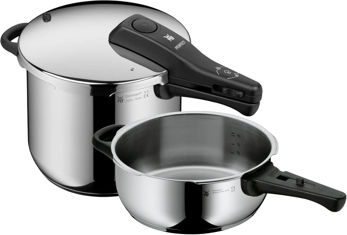 Juego de olla a presión WMF Perfect One Pot para inducción, 2 piezas, olla a presión de 6,5 l y 3 l, señal de cocción grande, 2 niveles de cocción, mango de tapa extraíble, acero inoxidable