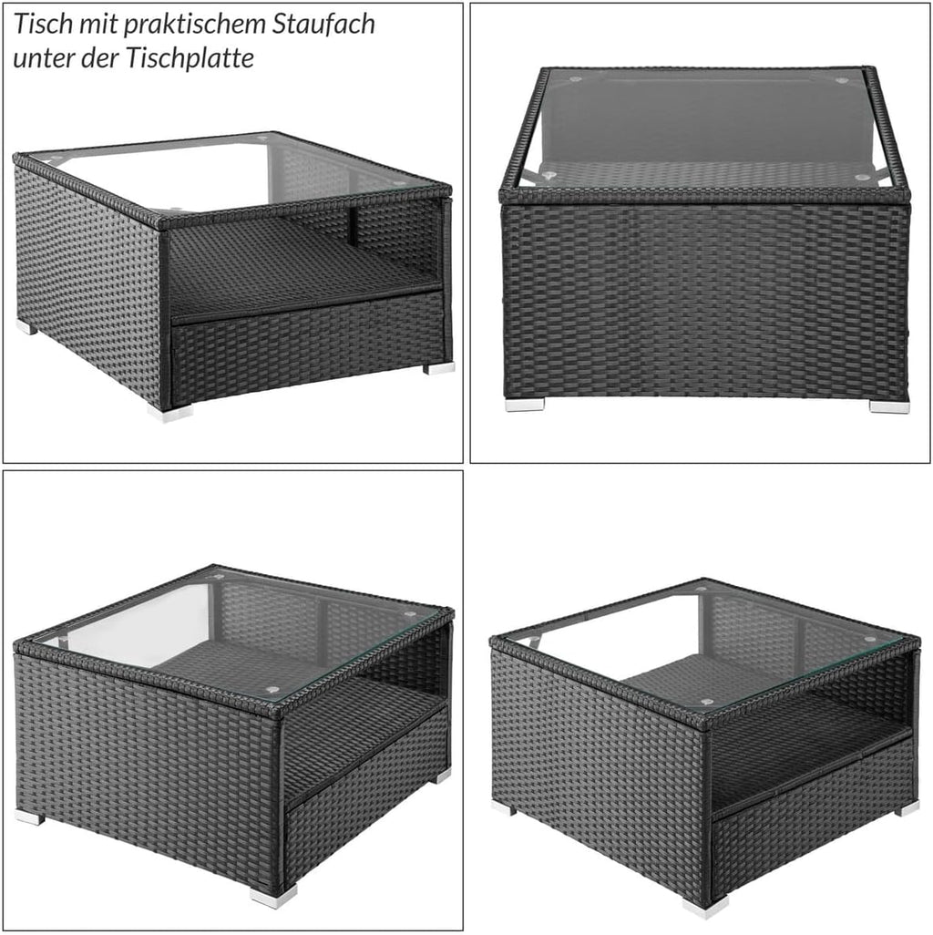 Set de muebles de jardín Lounge Casaria® incl. caja de almacenamiento de 318 L, para exteriores, con mesa, cojines, resistente a la intemperie, poliratán, color negro antracita, muebles para balcón y terraza