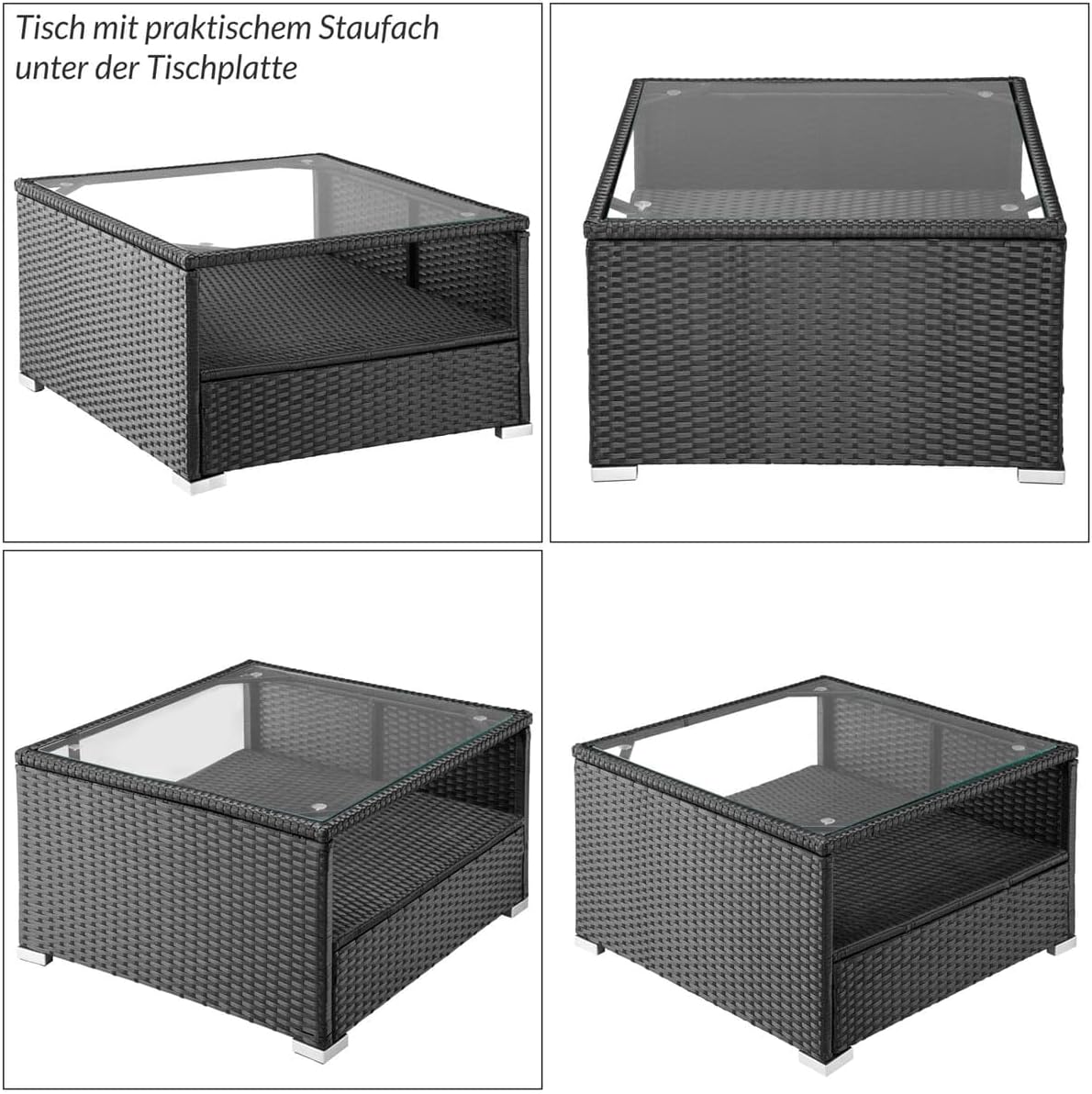 Set de muebles de jardín Lounge Casaria® incl. caja de almacenamiento de 318 L, para exteriores, con mesa, cojines, resistente a la intemperie, poliratán, color negro antracita, muebles para balcón y terraza