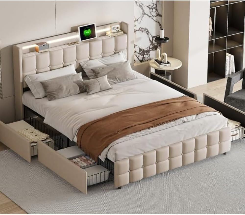 Ycz Łóżko tapicerowane, 180 x 200 cm, rama łóżka king size z funkcją ładowania zagłówkiem USB i oświetleniem LED oraz 4 szufladami, podwójna rama łóżka z możliwością przechowywania tWrV