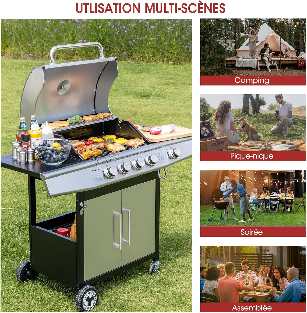 Barbacoa de Gas Royal Gourmet de 4+1 Quemadores de Acero Inoxidable, Parrilla de Gas de 14,5 kW de Potencia con Mesas y Termómetro, 2 Ruedas Direccionales, 2 Puertas, Adecuada para Jardín y Exterior, Plata