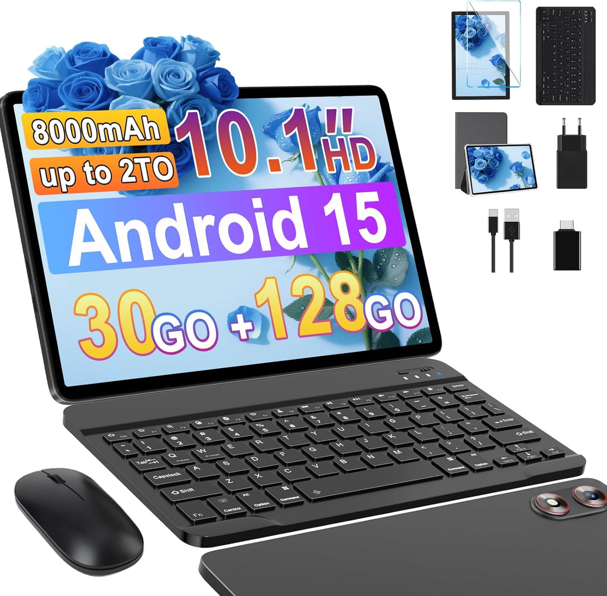 Tableta Android 15 con 5G WiFi 10 pulgadas 30 GB RAM + 128 GB ROM (2 TB ampliable), Widevine L1, Octa-Core 2.0 GHz/8000 mAh/8+5 MP/Altavoces duales, tabletas con teclado+ratón y funda-gris