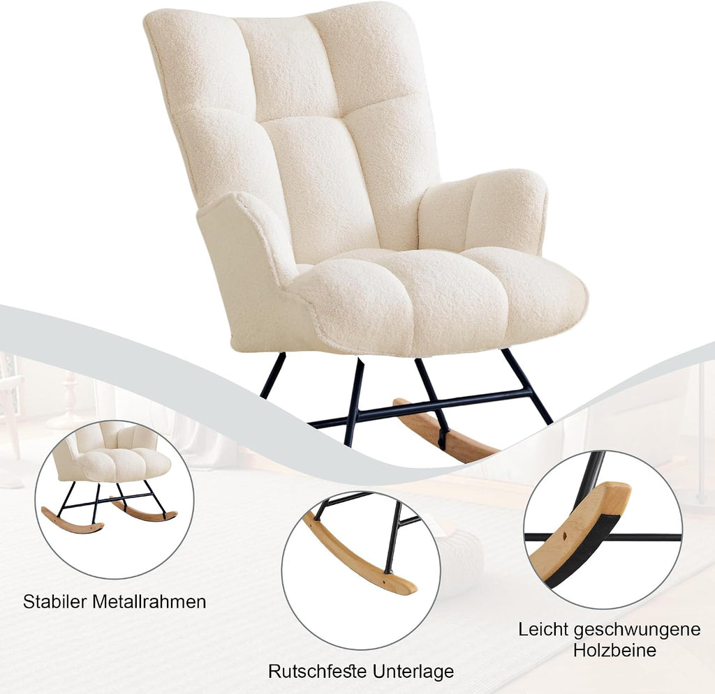 Sillón mecedora de lactancia con reposabrazos, silla de lactancia acolchada, sillón relax para salón y habitación infantil, capacidad de carga hasta 136 kg, color marfil