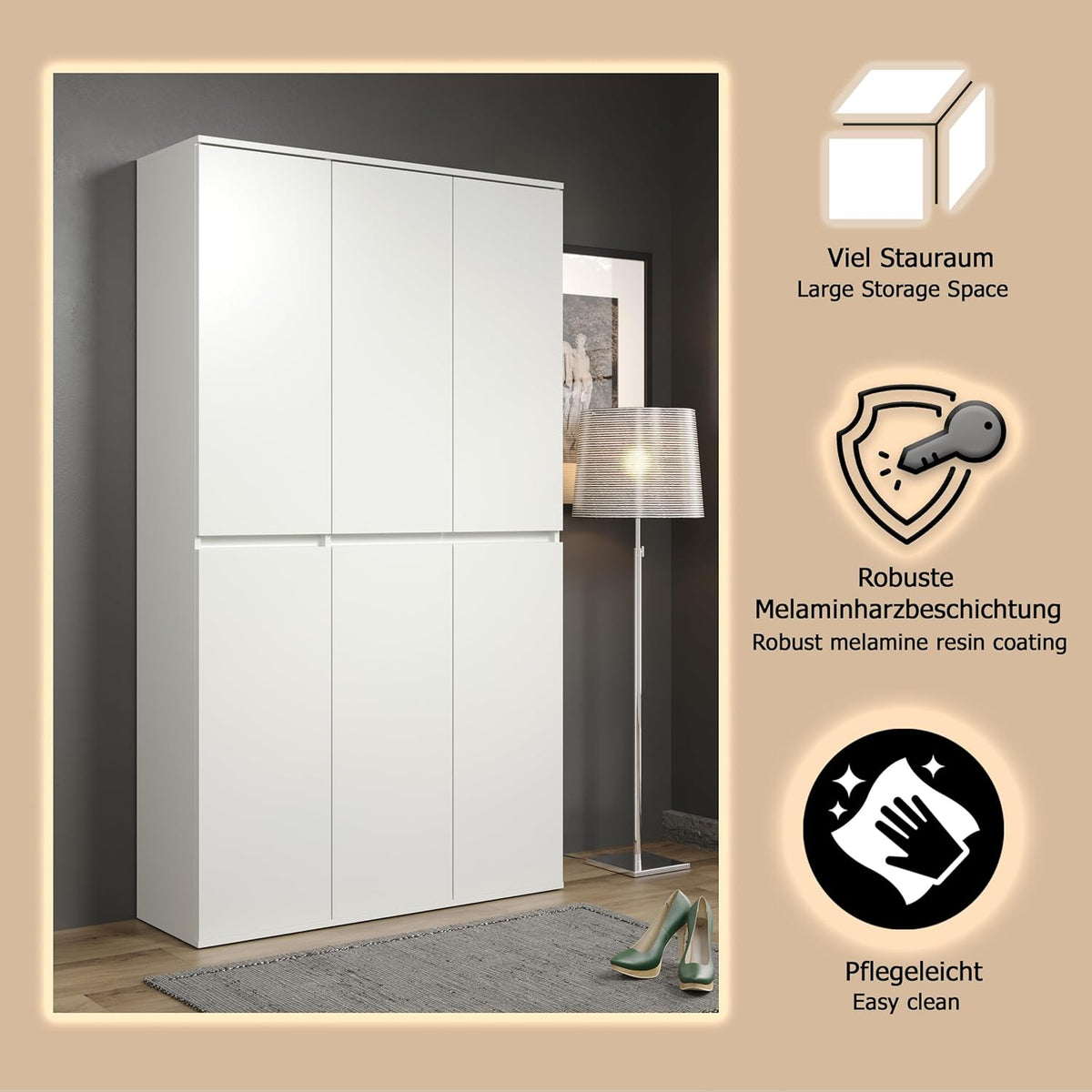 trendteam smart living - Nevada - Armario multiusos - Blanco - Armario con 6 puertas, 12 estantes y 1 barra para ropa - (AnxAlxPr) 111 x 191 x 34 cm - puertas sin tiradores