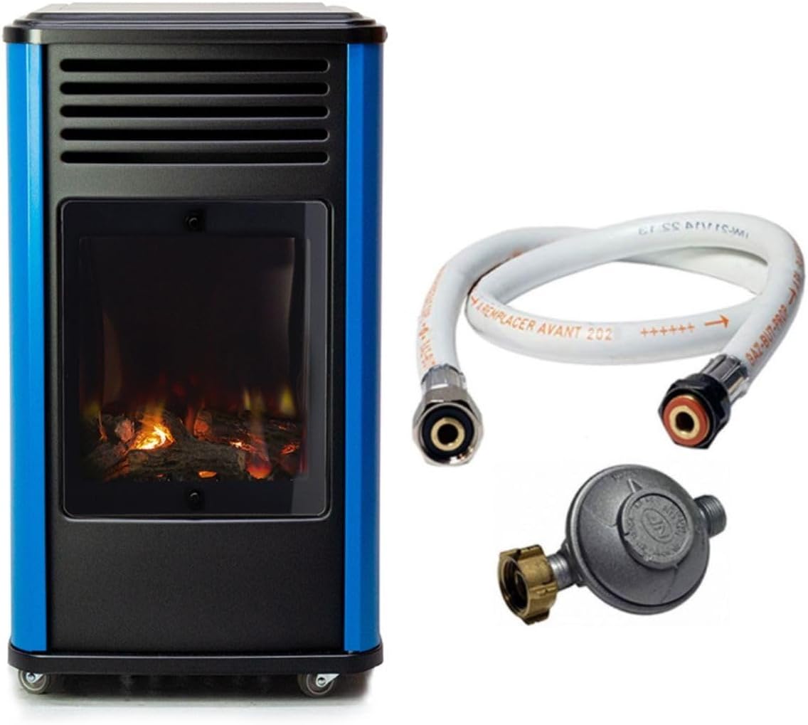 Sahara - Estufa de gas 3,4KW Azul y Negro con efecto estufa de leña Manhattan Calefactor auxiliar + Manguera de gas + Regulador de butano
