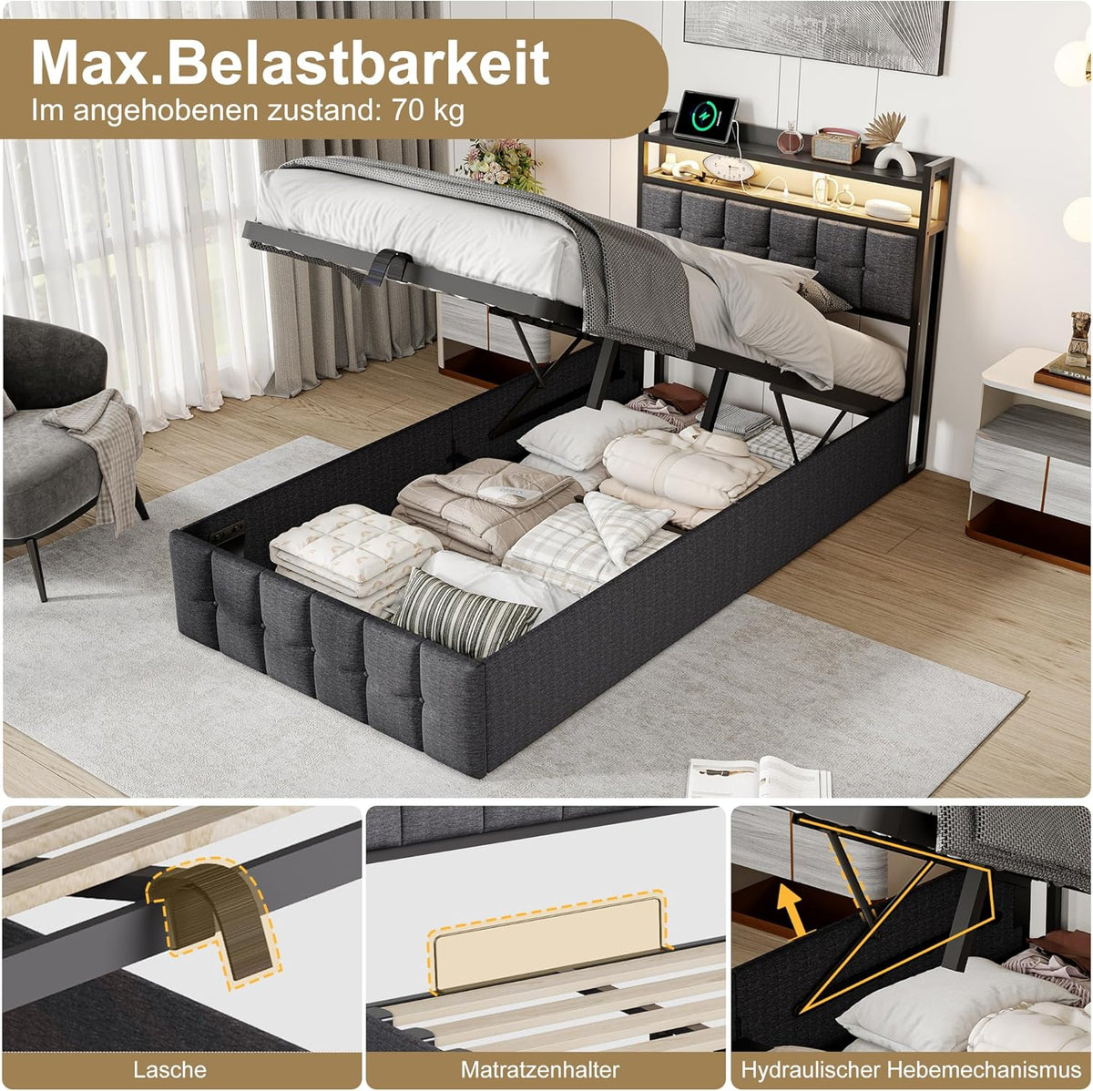 Marco de cama 90x200, cama boxspring con LED, cama individual con almacenamiento, cama tapizada hidráulica con almacenamiento, cama funcional, cama juvenil con USB, cama tapizada para 1 persona (gris + lino)