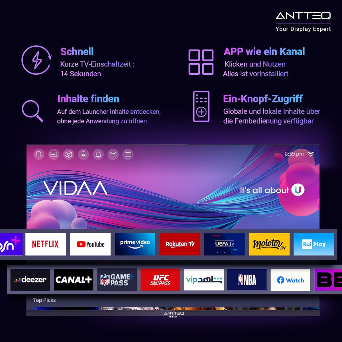 Smart TV Antteq Serie Vita de 32 pulgadas (80 cm) Full HD, televisión con Netflix, Prime Video/Disney+/YouTube/Rakuten/WiFi, compartir a la TV, HDMI