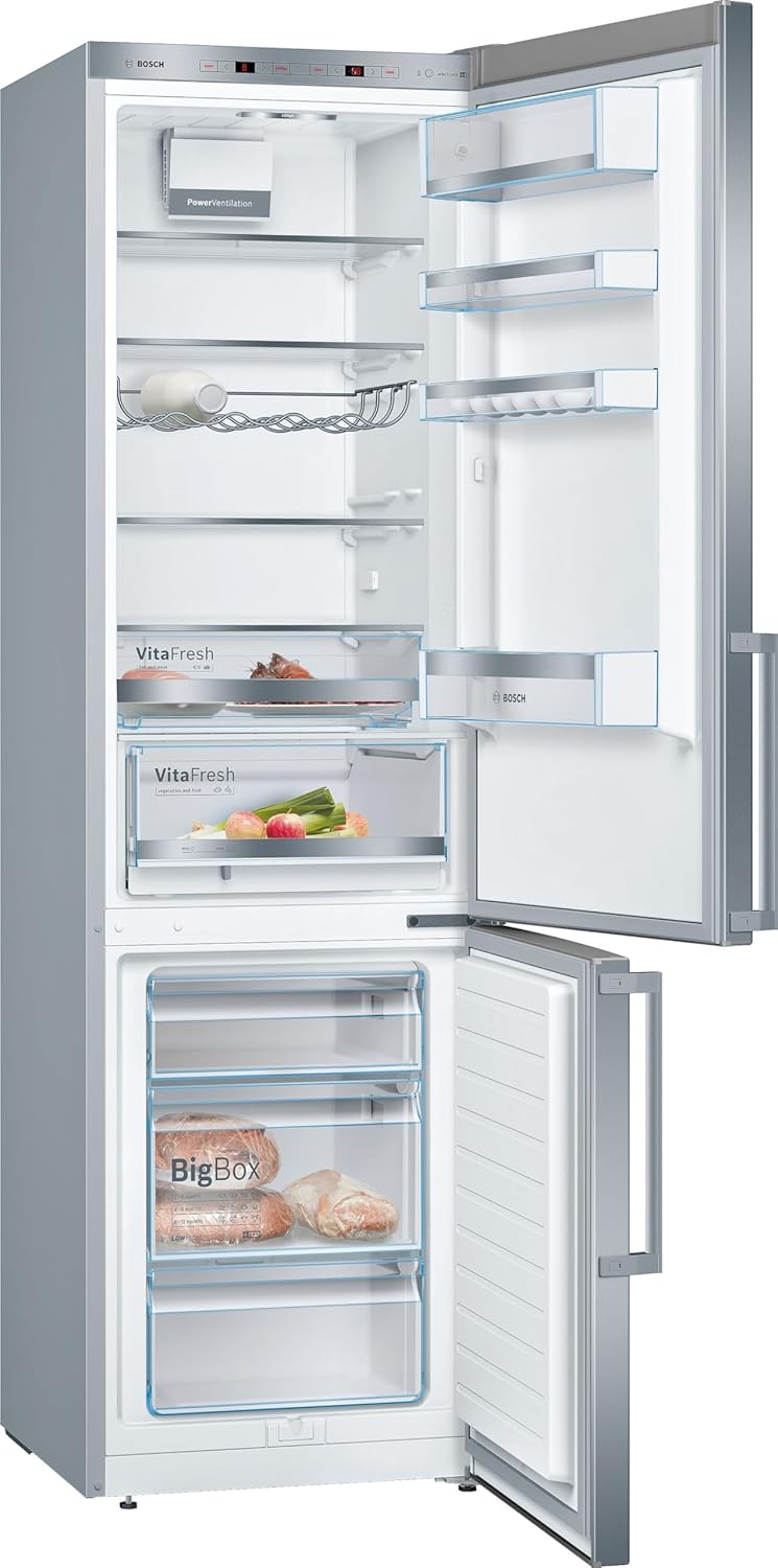 Bosch KGE398IBP, Serie 6, Frigorífico combinado, 201 x 60 cm, 249 L refrigeración y 94 L congelación, LowFrost, BigBox para alimentos congelados, frescura prolongada con VitaFresh, silencioso con 38 dB, LED, antihuellas