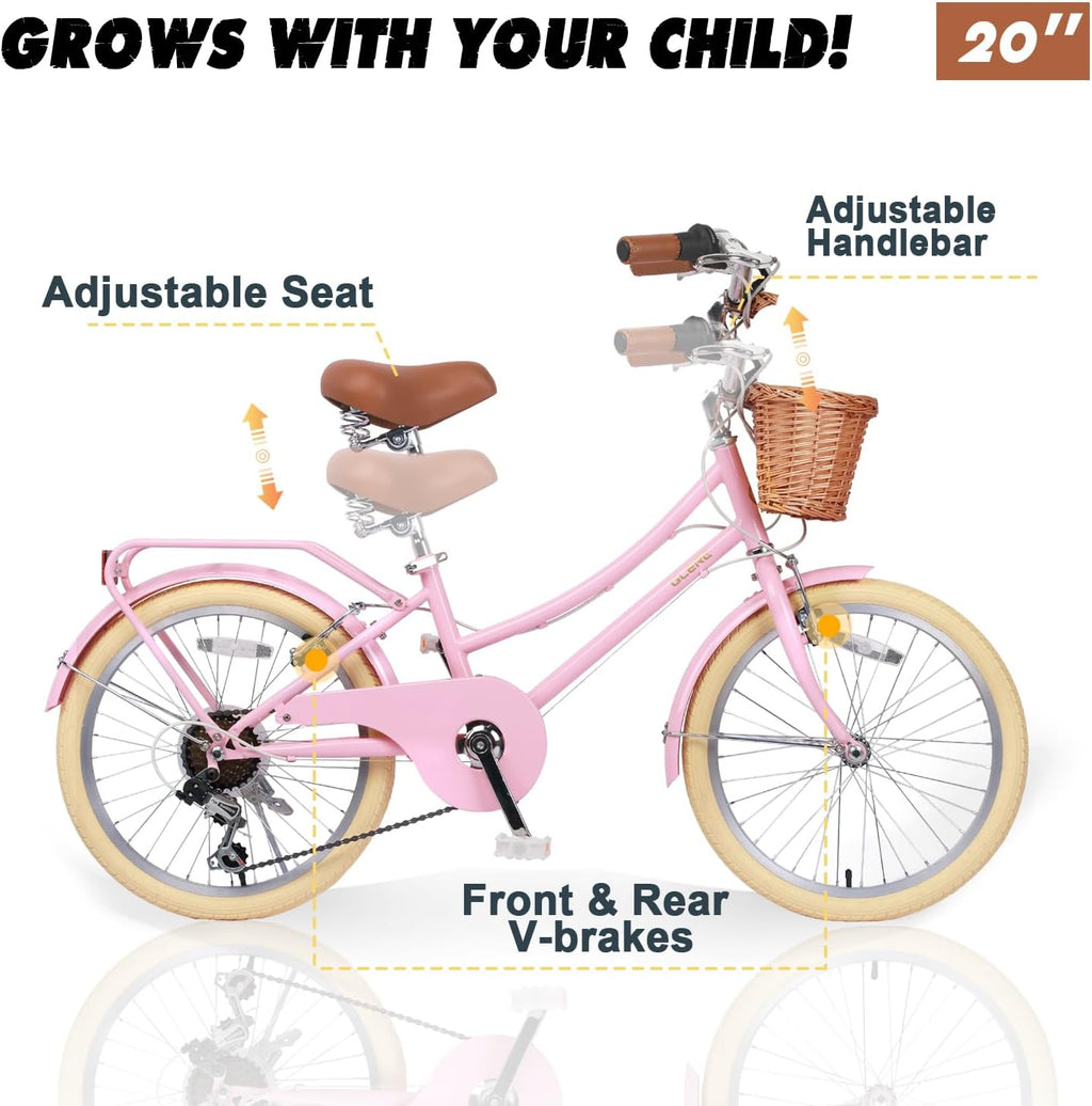Glerc Missy 20, 24, 26 pulgadas bicicleta híbrida urbana tipo crucero para niñas, de 6 velocidades, con cesta de mimbre, para jóvenes mayores de 6 años, varios colores