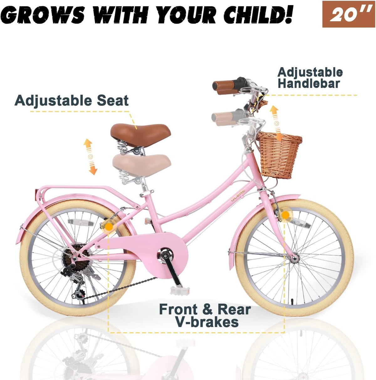 Glerc Missy 20, 24, 26 pulgadas bicicleta híbrida urbana tipo crucero para niñas, de 6 velocidades, con cesta de mimbre, para jóvenes mayores de 6 años, varios colores