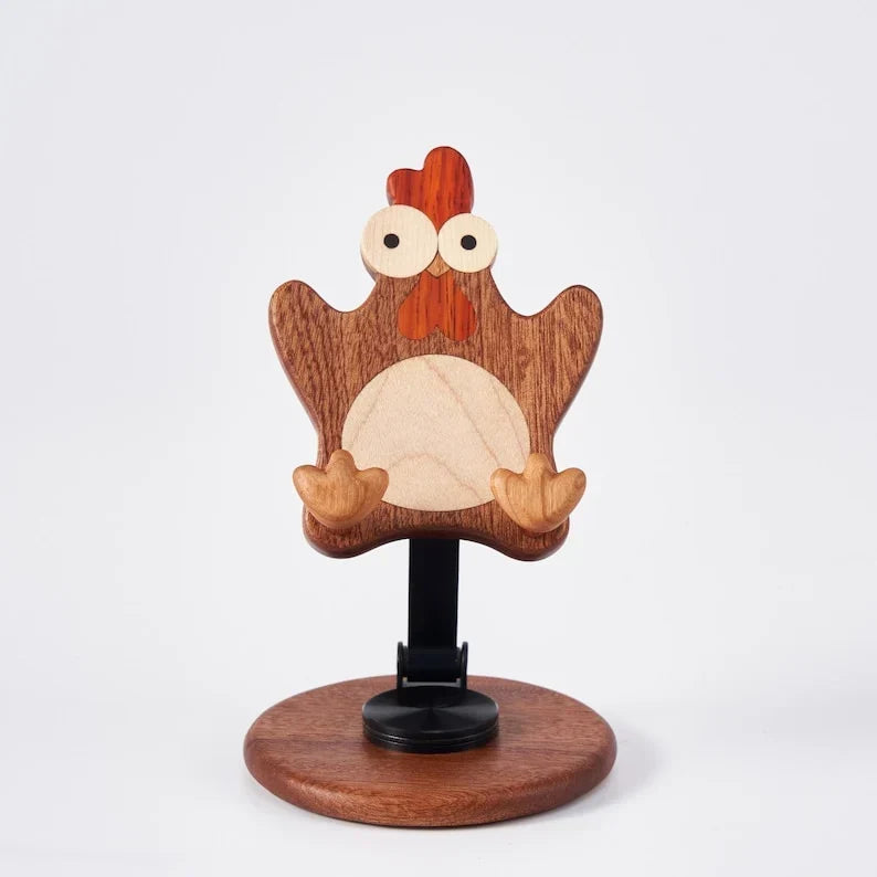Soporte para teléfono con diseño de gallina de madera, decoración de mesa, madera de arce, 10x16,8 cm, giratorio