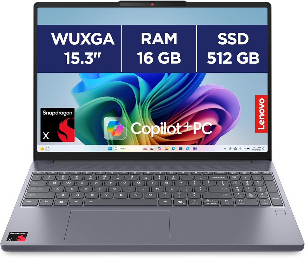 Lenovo IdeaPad Slim 3 15Q8X10 - Portátil 15,3'' WUXGA Copilot+ (Snapdragon X X1-26-100, RAM 16GB, SSD 512GB, Qualcomm Adreno, Windows 11 Home) Teclado AZERTY Francés - Gris
