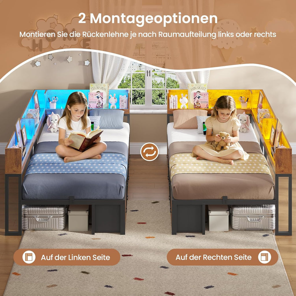 Cama de 90x200 con almacenamiento, sofá cama con estantería integrada y 6 cajones, cama juvenil con iluminación LED y estación de carga, cama de invitados, diván, estructura de cama con somier (Marrón vintage, 90x200 cm)