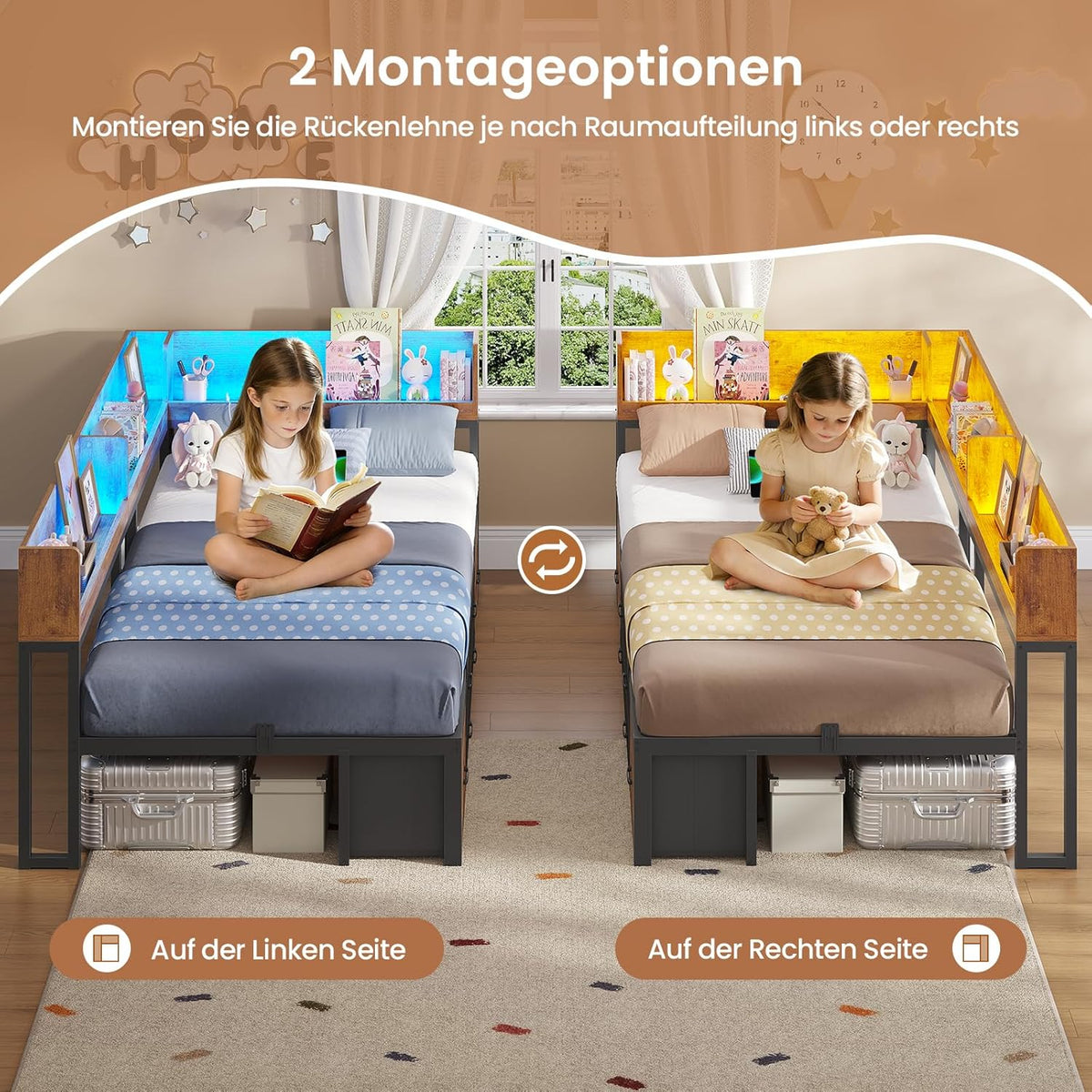 Cama de 90x200 con almacenamiento, sofá cama con estantería integrada y 6 cajones, cama juvenil con iluminación LED y estación de carga, cama de invitados, diván, estructura de cama con somier (Marrón vintage, 90x200 cm)