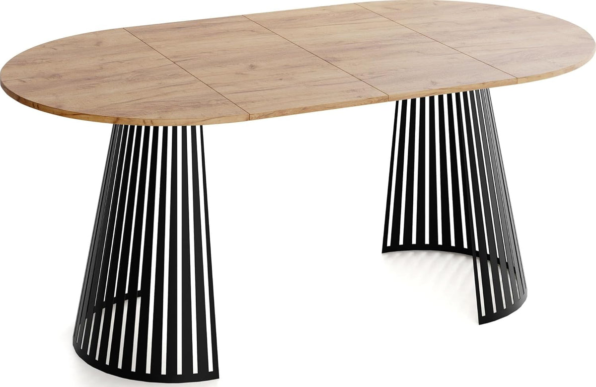 Mesa de comedor redonda extensible WFL GROUP con diseño de listones estilo loft – 100 a 180 cm – Mesa industrial con patas de metal negro, ahorradora de espacio para salón o comedor – Marrón