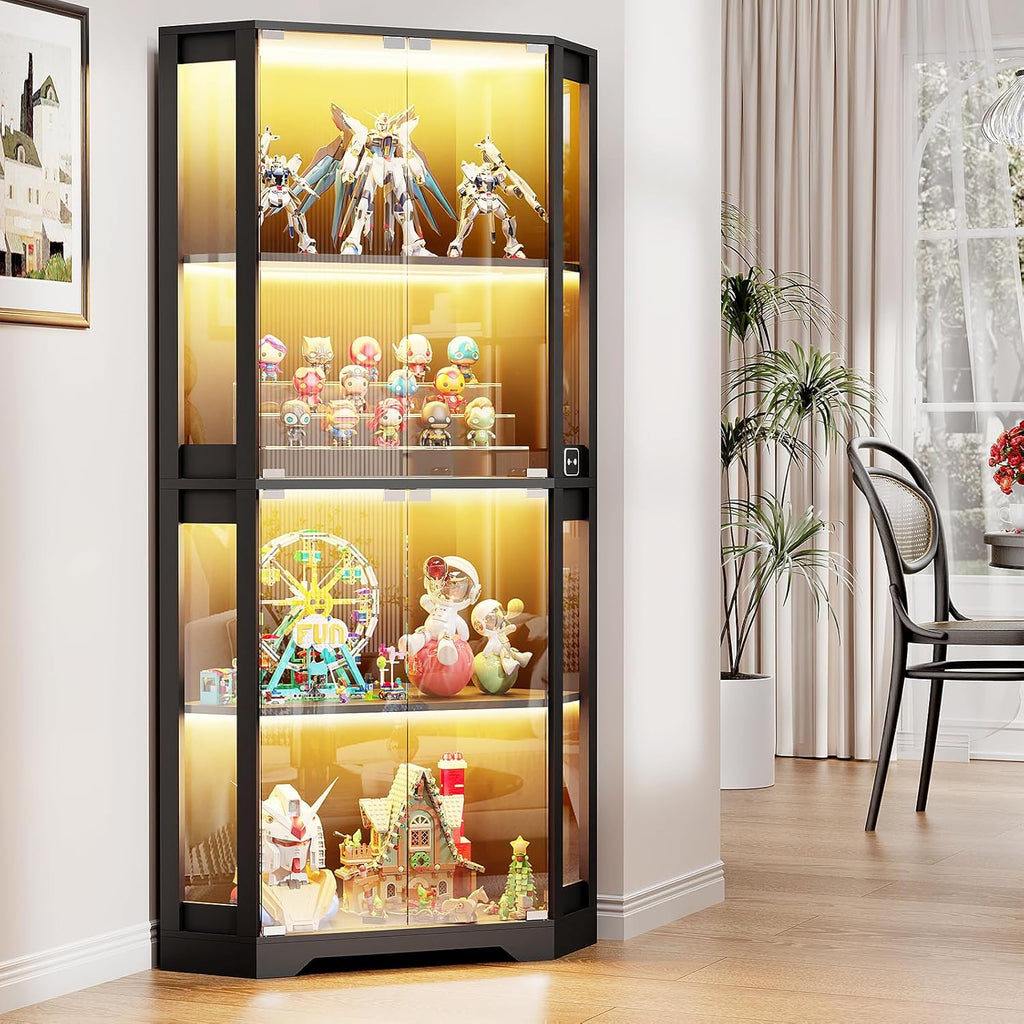Vitrina esquinera BROTTAR con puertas de cristal, estantería esquinera alta de 165 cm con iluminación LED de 3 colores, armario expositor de 4 niveles con sensor inteligente para salón, dormitorio u oficina, negro