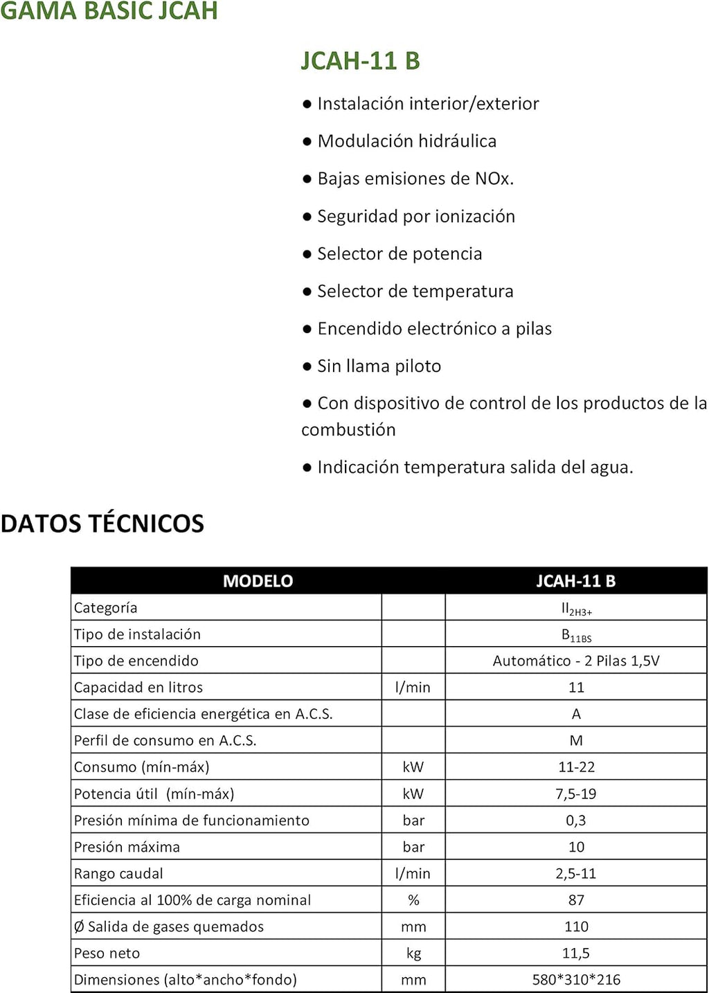 Calentador Atmosférico Butano 11 Litros | Calentador de Agua a Gas Butano de Tiro Natural | Bajo NOx | Encendido Automático | JUNTEK