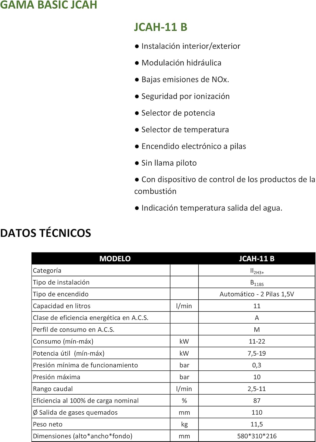 Calentador Atmosférico Butano 11 Litros | Calentador de Agua a Gas Butano de Tiro Natural | Bajo NOx | Encendido Automático | JUNTEK
