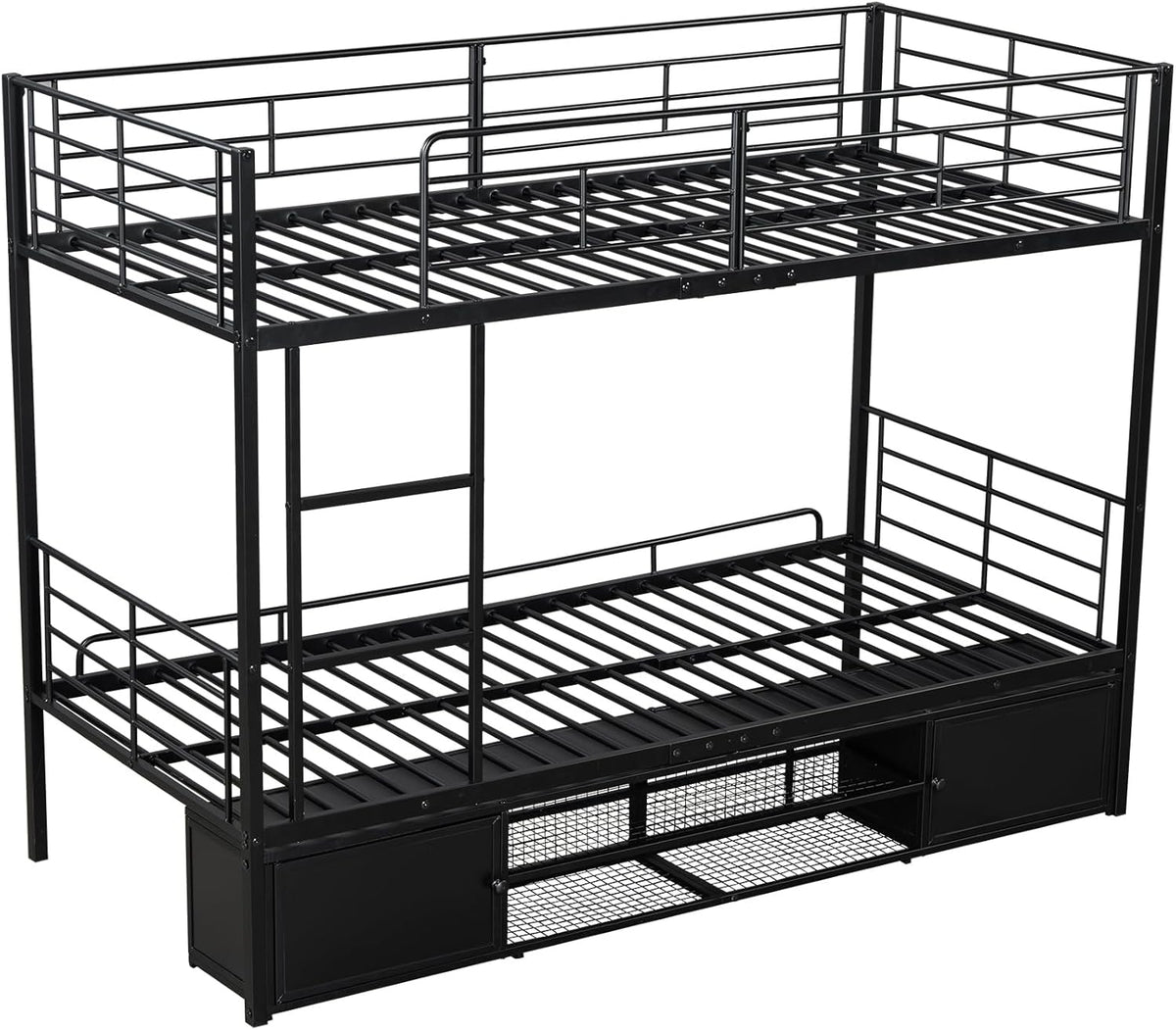 Litera cama infantil 90x200 cm, estructura de cama de metal con zapatero abierto y 2 armarios de almacenamiento con puertas, litera cama alta cama de hierro para niños, adolescentes y adultos, negro