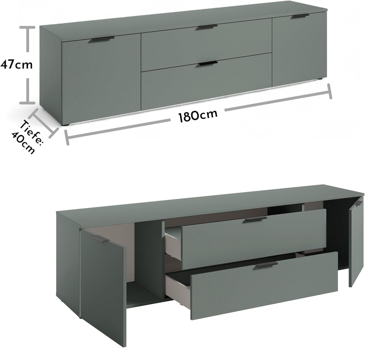 Mueble de TV LINZ en color salvia - Mueble de televisión moderno con cajones y gran espacio de almacenamiento - 180 x 47 x 40 cm (ancho/alto/fondo)