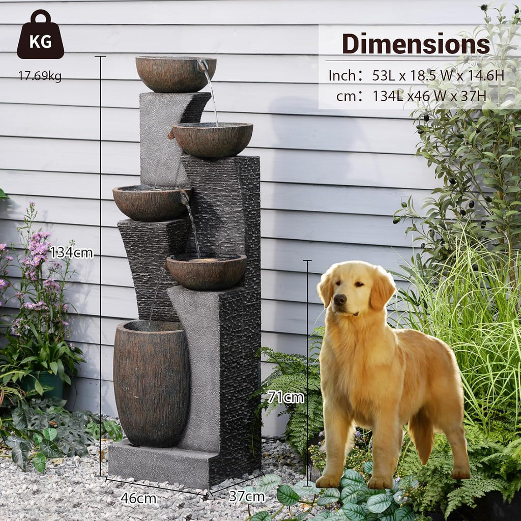 Fuente de jardín grande Bumilgar para exteriores con iluminación LED, fuente en cascada de 5 niveles para jardín, balcón, terraza, 134x46x37 cm