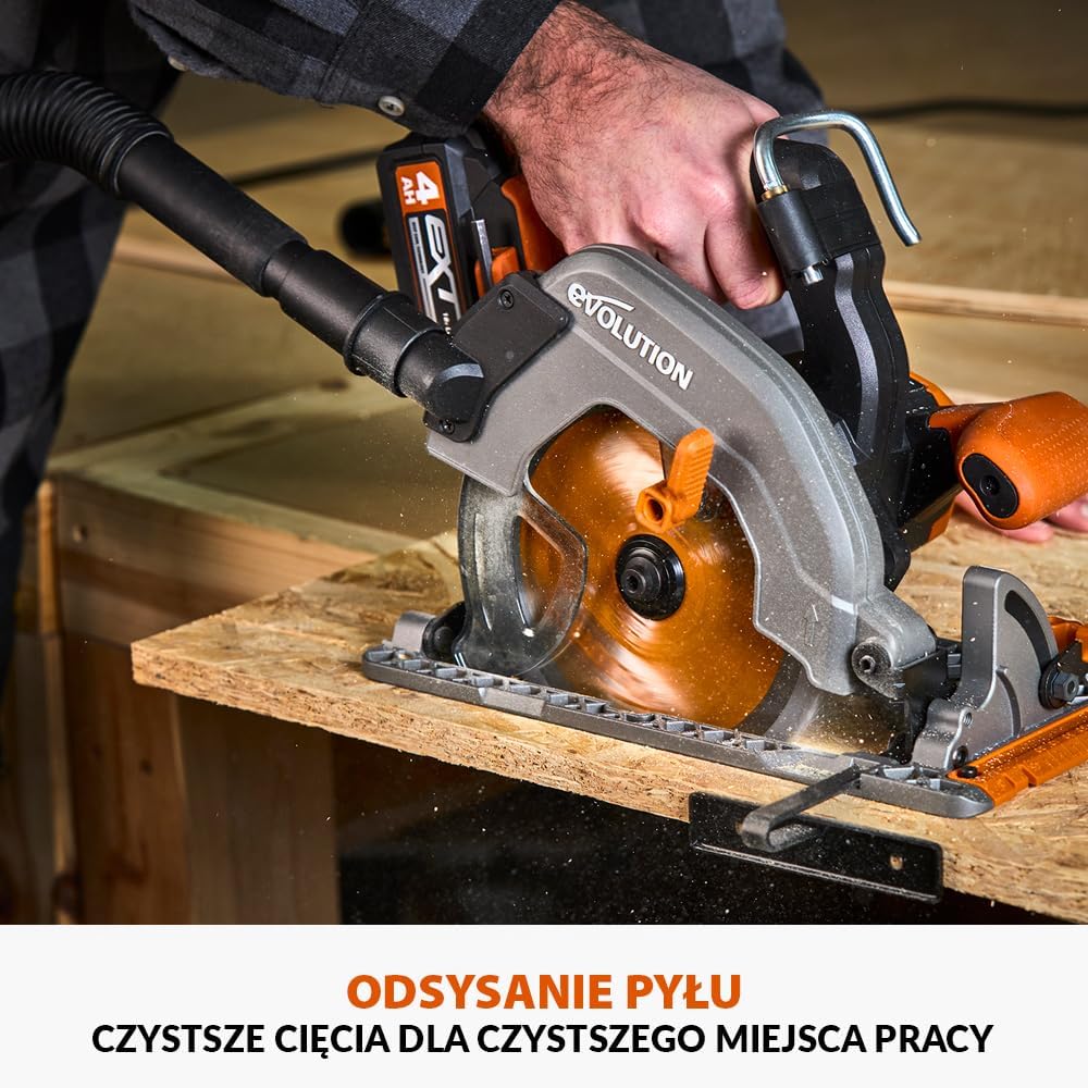 Evolution Power Tools R185CCS-Li Pilarka tarczowa akumulatorowa bezszczotkowa 18 V Li-Ion z tarczą do wielu materiałów, do cięcia drewna, metalu, plastiku, z prowadnicą, bez akumulatora, 185 mm