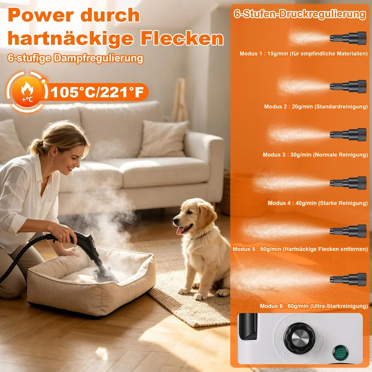 Myjka parowa, 2500 W, wielofunkcyjna, ręczna myjka parowa z 6 prędkościami regulacji, 8 rodzajów dysz, 1250 ml