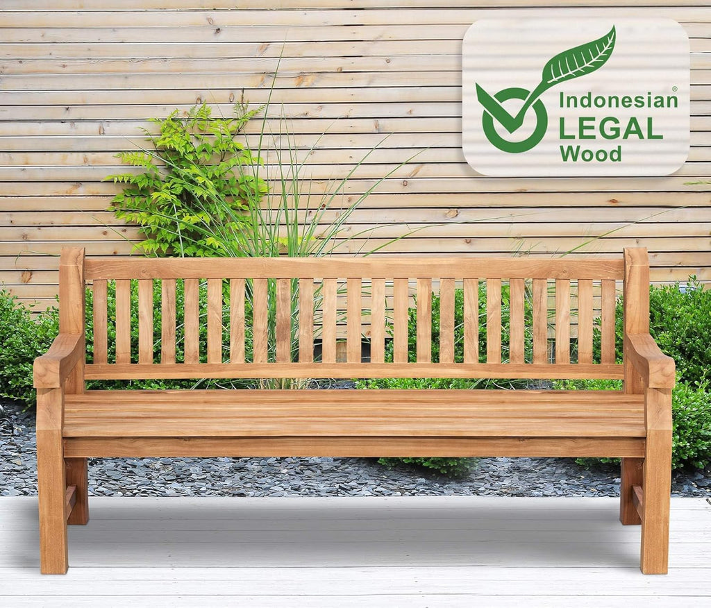Banco de teca CLP Jackson V2 I Banco de madera resistente a la intemperie con respaldo I Banco de jardín estable de madera de teca maciza, color: Teca, tamaño: 200 cm