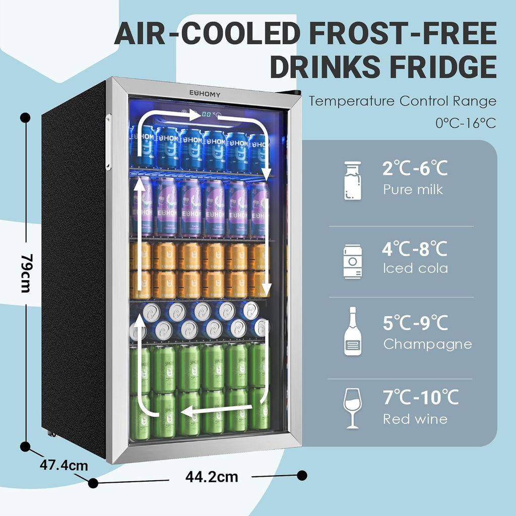 EUHOMY 90L Refrigerador de bebidas, mininevera para 126 latas con puerta de cristal, nevera pequeña con estantes ajustables para refrescos, cerveza o vino, perfecta para el hogar/bar/oficina, plateado, acero inoxidable