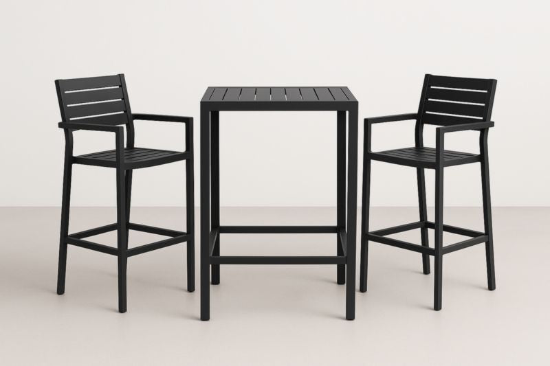 Conjunto de mesa y 2 sillas altas de aluminio negro para exterior