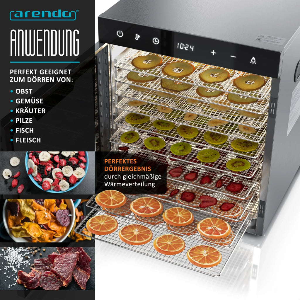 Deshidratador de alimentos de acero inoxidable Arendo, 10 rejillas de acero inoxidable, 800 W, 35-85 °C, 8400 cm², para fruta, carne, setas y mucho más.