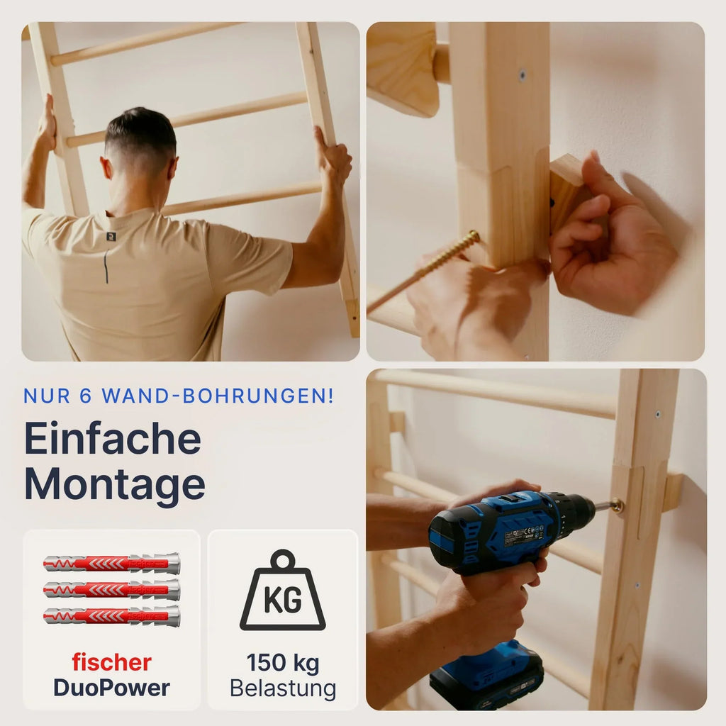 Espaldera de pared con barra de dominadas y extensión para fondos de 220 cm, fabricada en madera de haya y pino, hasta 150 kg