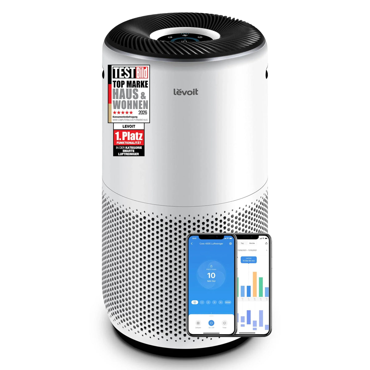 Purificador de aire Levoit Core 400S para alérgicos, filtro HEPA de carbón activado, CADR 433 m³/h, 90㎡, PM2,5, aplicación automática, blanco plateado