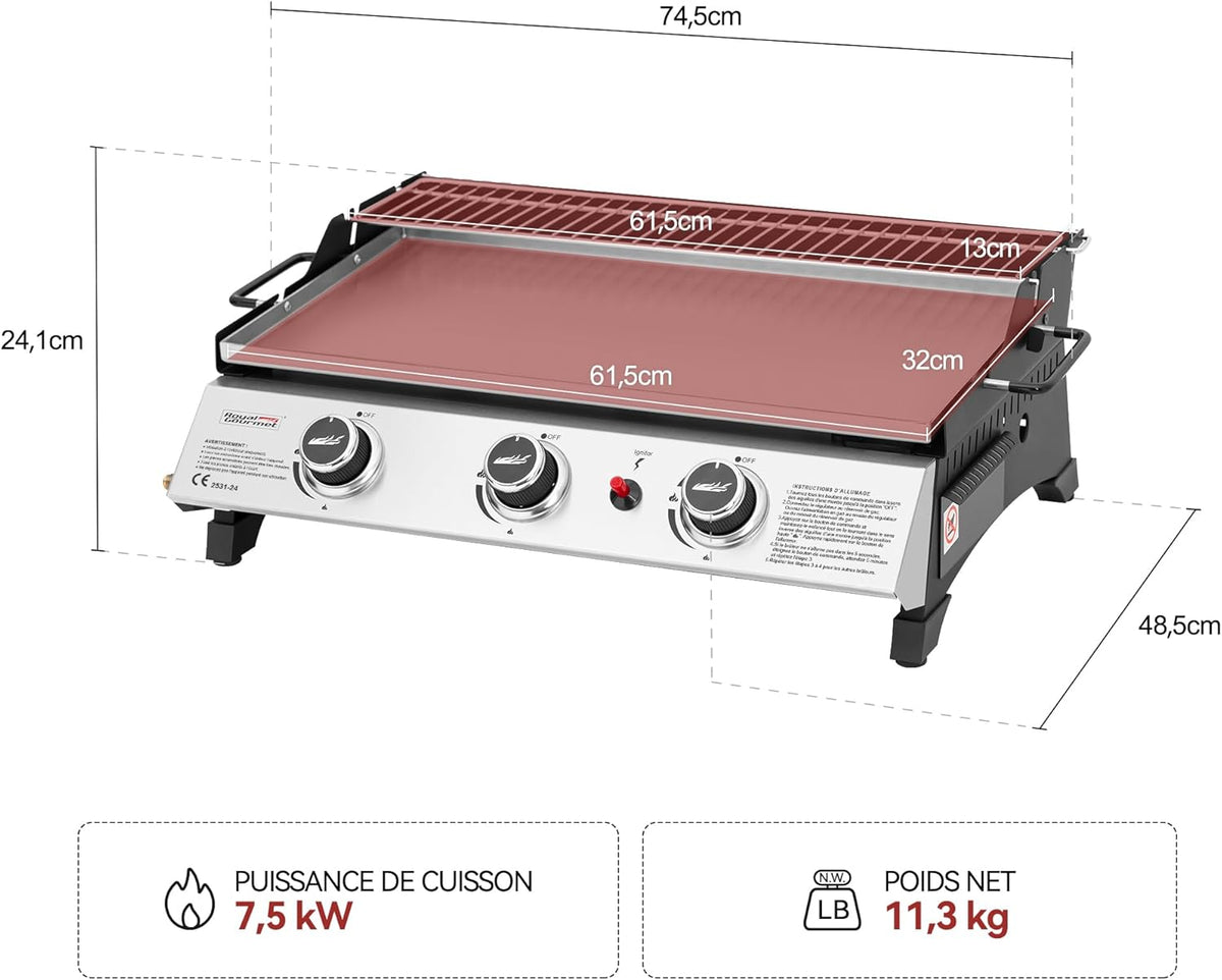 Plancha de gas propano Royal Gourmet de acero inoxidable, 3 quemadores de 7,5 kW, superficie de cocción de 61,5 x 32 cm con rejilla de calentamiento, adecuada para camping y exteriores, plateada