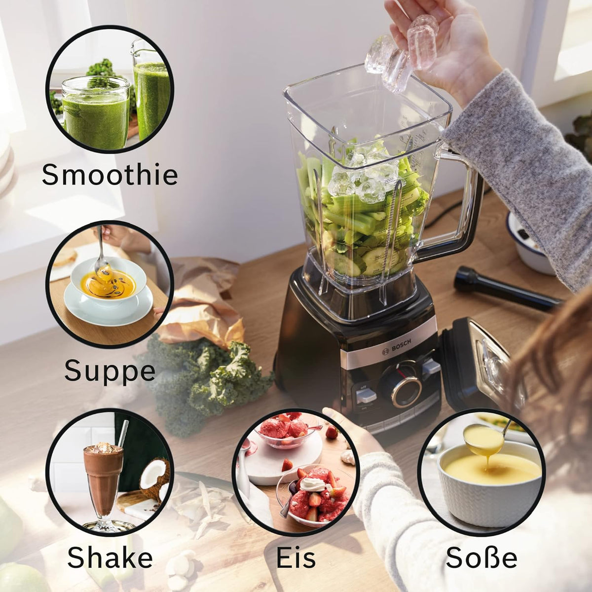 Batidora de vaso Bosch VitaBoost MMBH6P6BDE, cuchilla de acero inoxidable de 6 hojas, jarra de Tritán de 2,5 l, empujador, 6 programas automáticos, libro de recetas, sin BPA, fácil limpieza, 45.000 rpm, 1600 W, negro