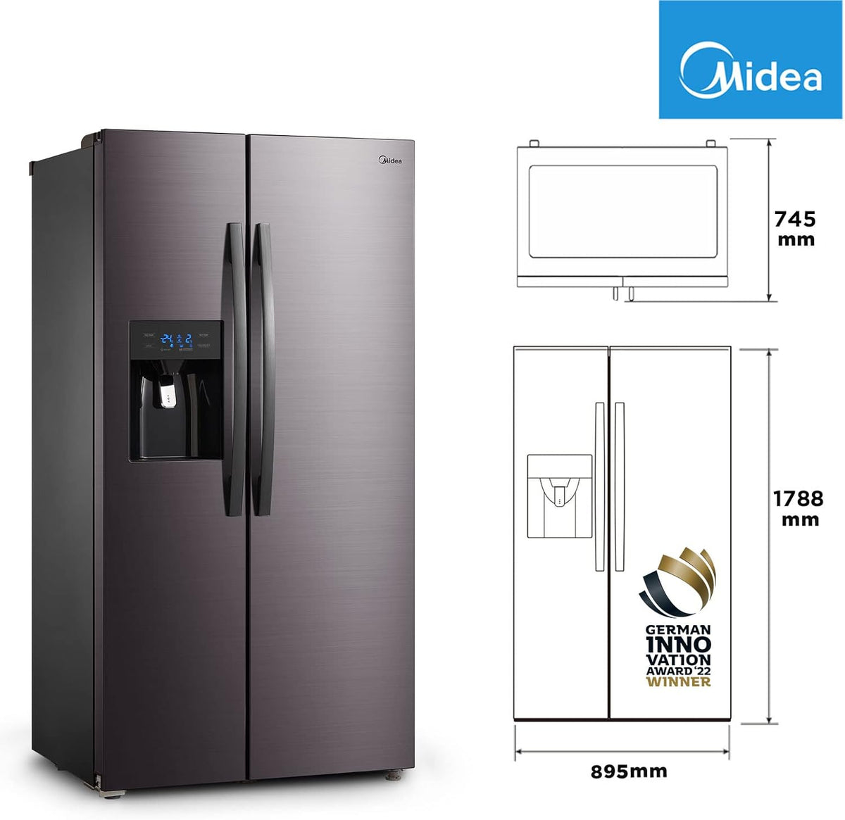 Midea KS-DDX 6.32 WT Frigorífico americano / 178,8 cm de altura / 254 kWh/año / No Frost / Compresor Dual Inverter / con dispensador de agua/hielo 3 en 1 y depósito de agua, Dark Inox