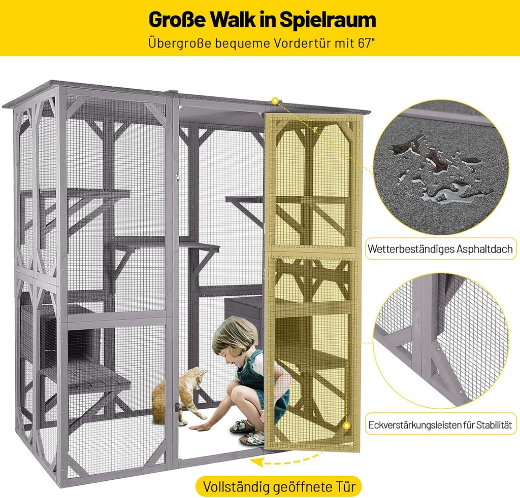 Casa para gatos, recinto exterior para gatos (catio), jaula de madera para gatos, condominio con puerta de entrada extra grande, parque interior con plataformas y casita.