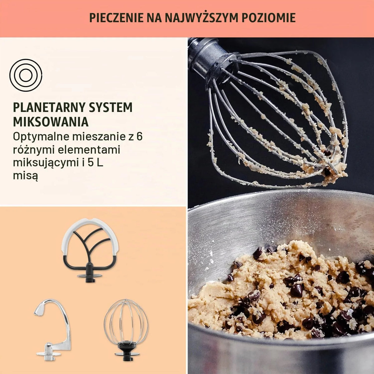 Klarstein Robot kuchenny, Maszyna do wyrabiania ciasta z misą 5L, 2000W profesjonalny robot z hakiem i trzepaczką, Uniwersalny z 6 biegami, Maszyna do mieszania, ugniatania i ubijania