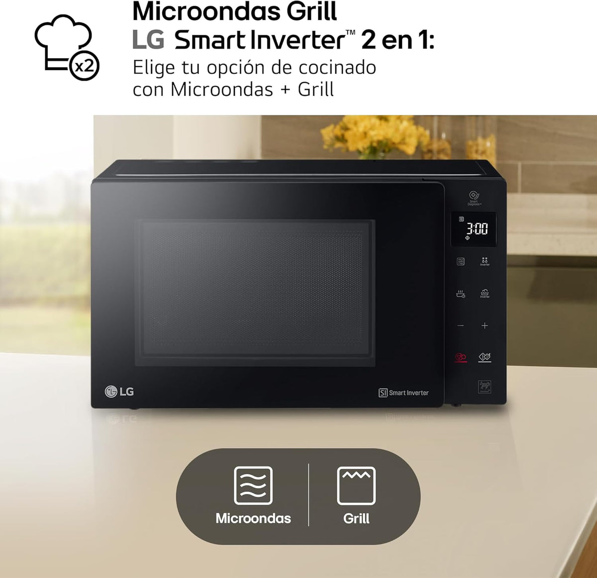 LG MH6535GIB - Microondas con grill, 1000 W, Smart Inverter, pantalla digital, color negro transparente, 1000 W, 25 l
