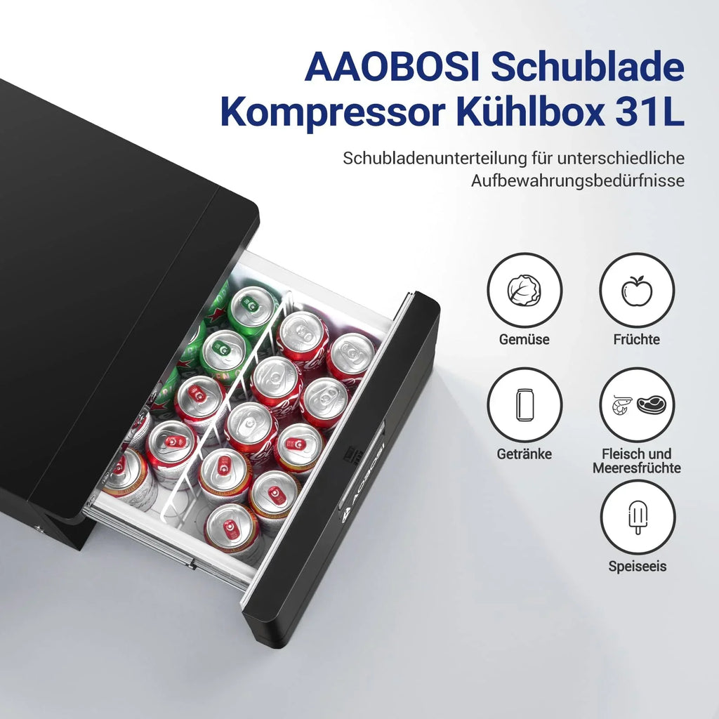 AAOBOSI Nevera de compresor de cajón 31L 12V/24V, control por aplicación, -20°C a 20°C, modo Max/Eco para coche, camión, barco y camping