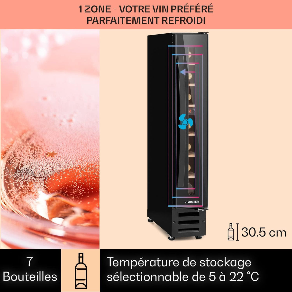 KLARSTEIN Vinovilla Vinoteca Encastrable, Nevera para Vinos, Zona única, Bodega Envejecimiento, Botellas de Prosecco, Pantalla Táctil, Mininevera 5-22°C, 20L, 7 Botellas, Negro Ónix