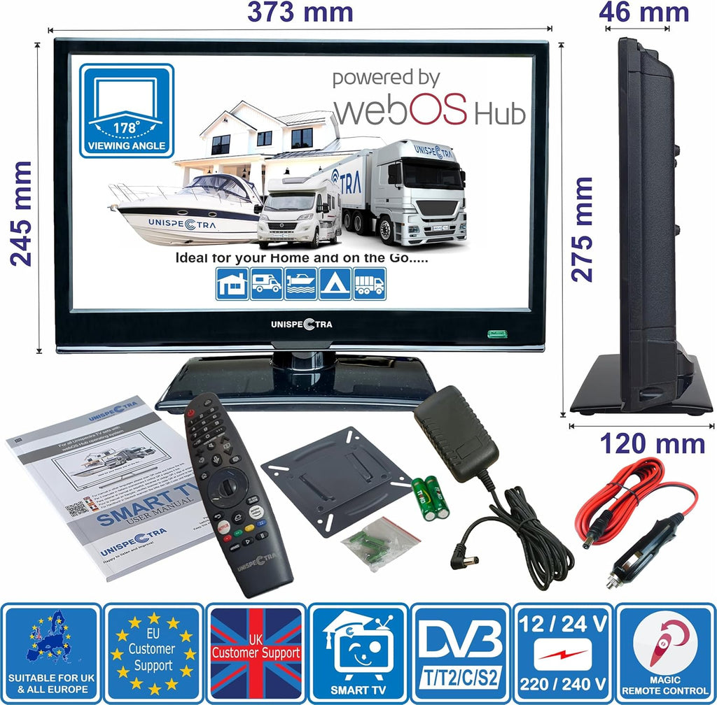 Smart TV Unispectra® de 16” (webOS) Full HD 230V 24V, triple sintonizador: satélite, antena, televisión por cable, 3xHDMI, 2xUSB, Magic Remote. Televisor de 12V para autocaravanas, caravanas, camiones, furgonetas y barcos.