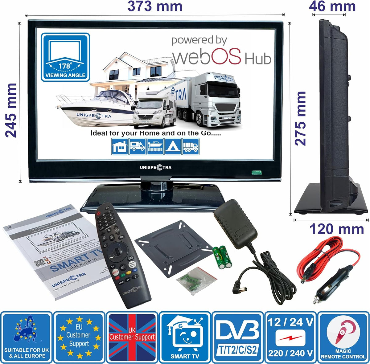Smart TV Unispectra® de 16” (webOS) Full HD 230V 24V, triple sintonizador: satélite, antena, televisión por cable, 3xHDMI, 2xUSB, Magic Remote. Televisor de 12V para autocaravanas, caravanas, camiones, furgonetas y barcos.